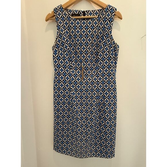 AB Studio Women’s Blue White Geo Sleeveless Sheath Dress Size 10 Mod 70's Style - Picture 2 of 12